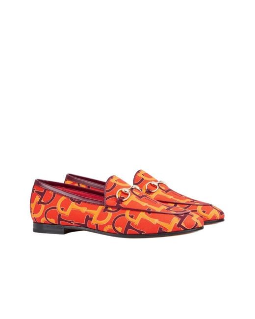 Gucci Red Jordaan Orange Horsebit Canvas Loafer