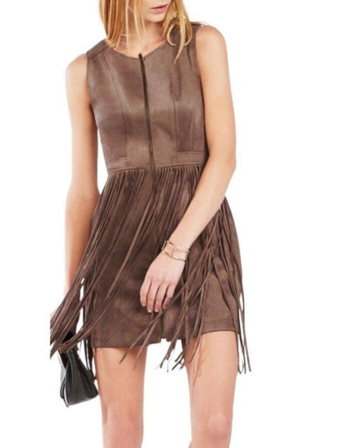 BCBGMAXAZRIA Brown Hamin Fringe Faux Suede Vest Dress