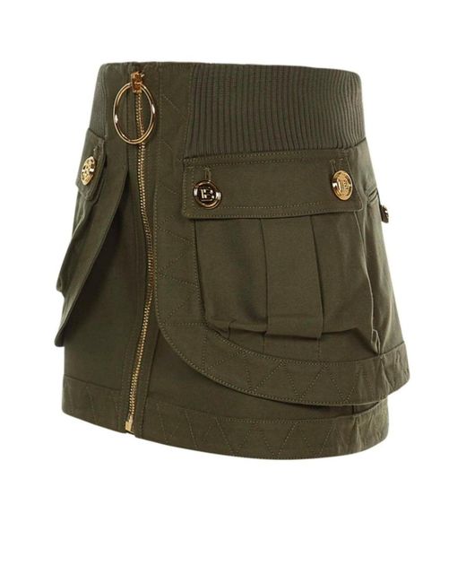 Balmain Khaki Green Patch-pocket Denim Mini Skirt