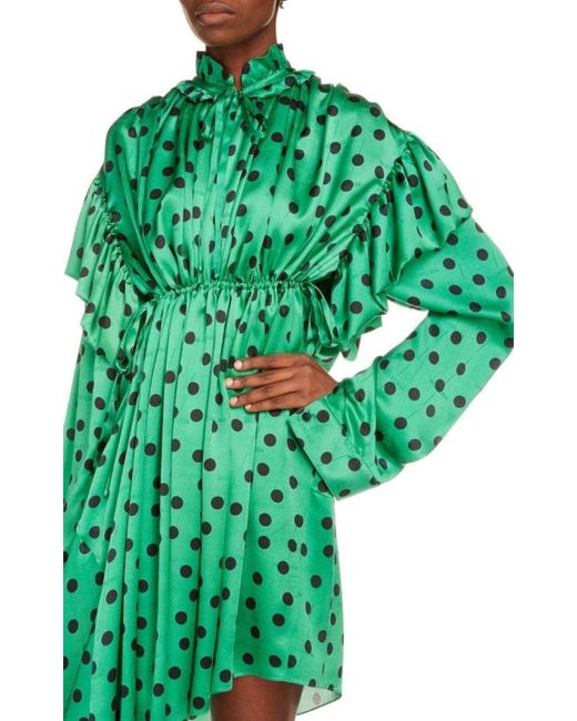 Balenciaga Green Polka Dot Print Long Sleeve Logo Jacquard Babydoll Dress