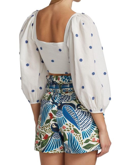 Farm Rio White Flower-embroidered Cotton Crop Top
