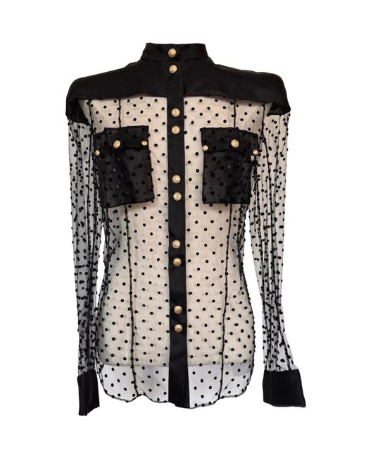 Balmain Long Sleeve Black Polka Dot Silk Shirt With Gold Buttons