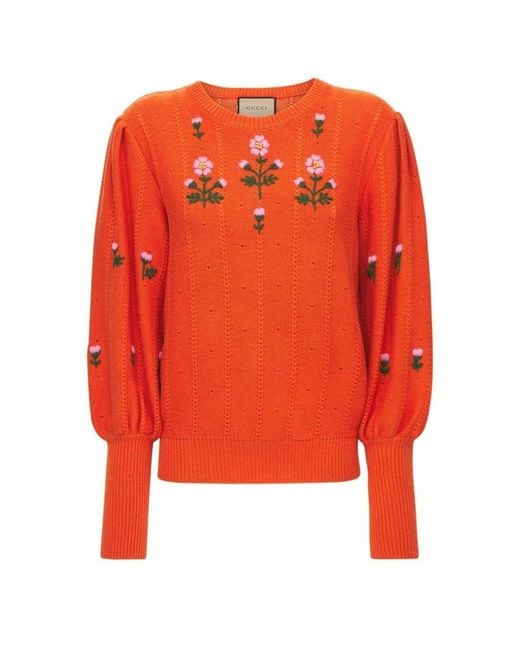 Gucci Orange Floral Embroidered Wool Blend Sweater