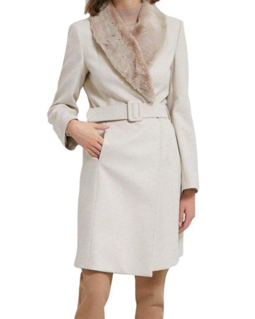 Cult Moda Natural Faux Fur Collar Wrap Trench Coat