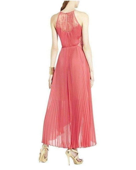 BCBGMAXAZRIA Red Maryella Deep Coral Pleat And Lace Dres
