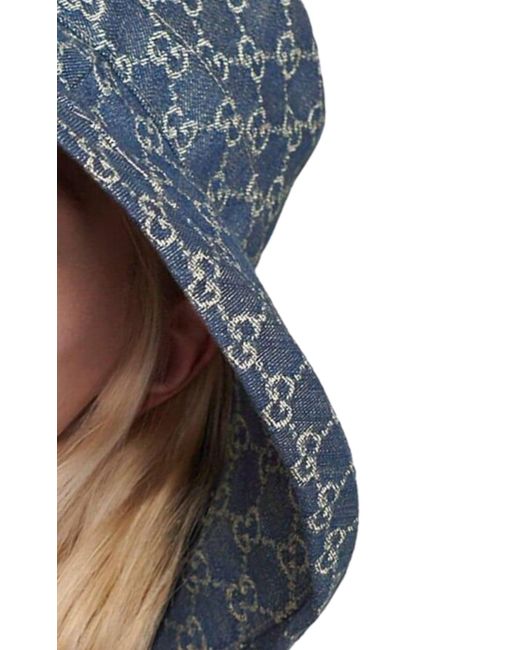 ハット Gucci Embroidered Denim Bucket Hat Gucci Blue Eco-Washed Denim Wide Brim Hat - Runway Catalog