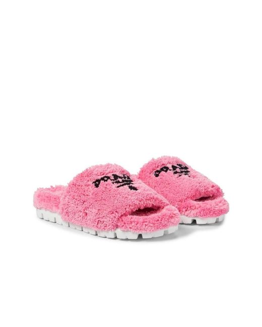 Prada Pink Logo-embroidered Faux Shearling Slides