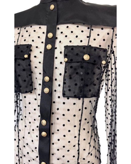 Balmain Long Sleeve Black Polka Dot Silk Shirt With Gold Buttons