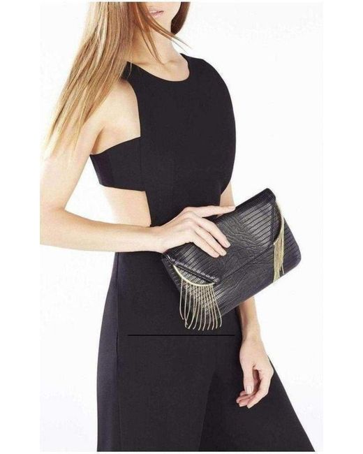 BCBGMAXAZRIA Black Snake Embossed Chain Fringe Clutch