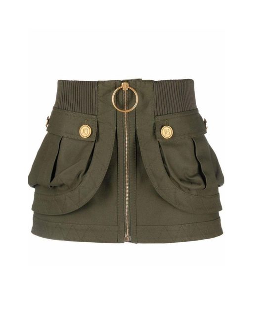 Balmain Khaki Green Patch-pocket Denim Mini Skirt