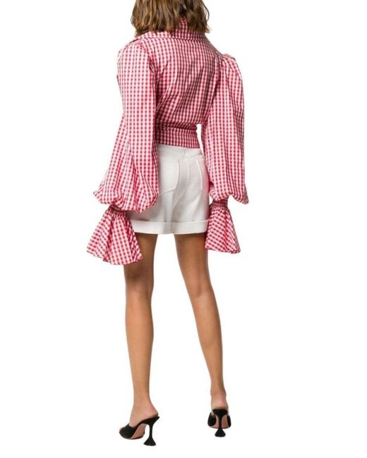 Balmain Red Balloon-sleeve Gingham Blouse