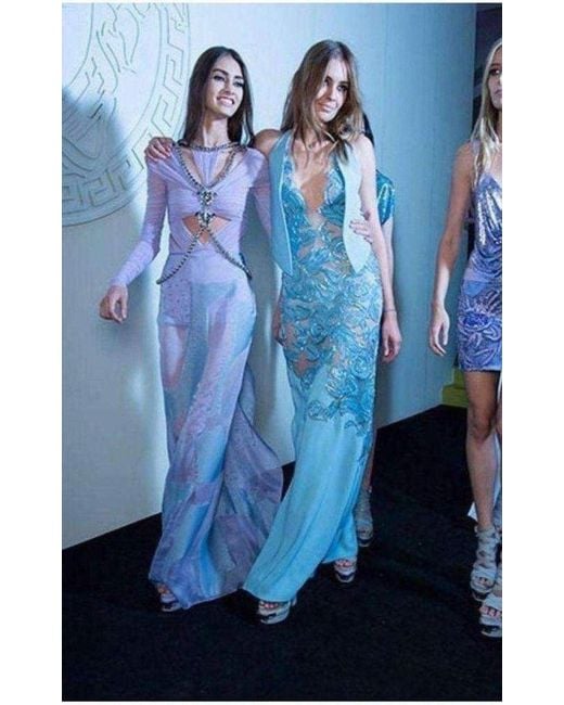 Versace Blue Leather Cutout Lace Embellished Gown Fr 40 (us 10)