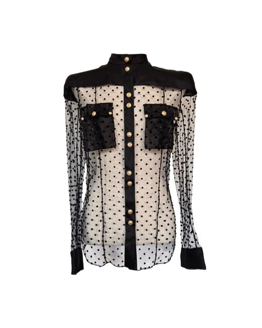 Balmain Long Sleeve Black Polka Dot Silk Shirt With Gold Buttons
