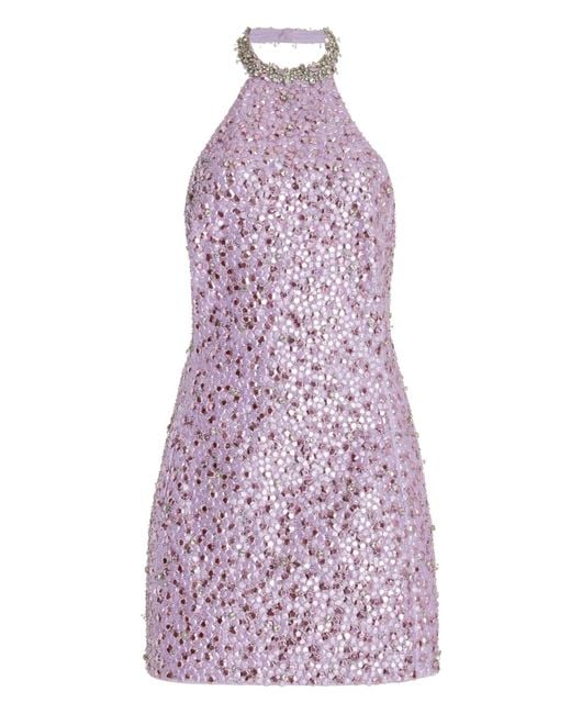 DES_PHEMMES Purple Embroidered Stretch Satin Halter Mini Dress
