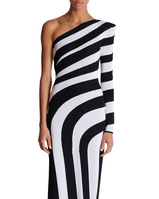 Balmain Multicolor Striped One-Shoulder Gown