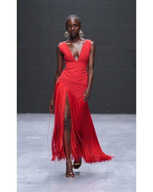 Kilentar Red Jade Fringed Cotton Maxi Dress