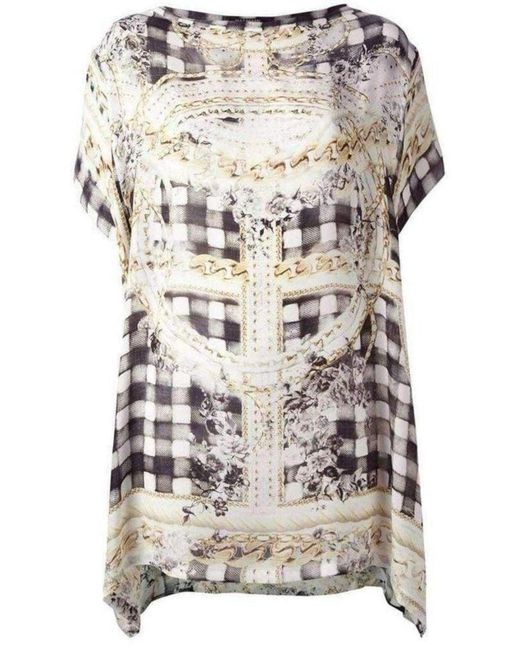 Balmain Gray Cream Printed Silk Tunic Dress With Batwing Sleeves