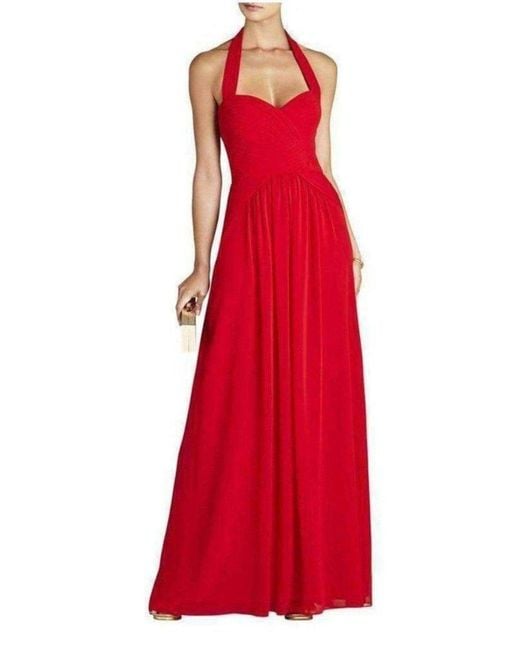 BCBGMAXAZRIA Red Selene Halter Neck Ruched Dress