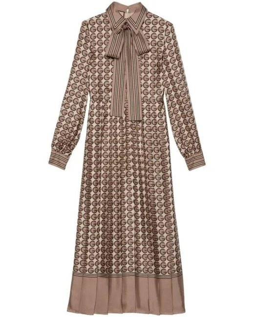 Gucci Natural Silk Shirt Dress With Round G Logo Print