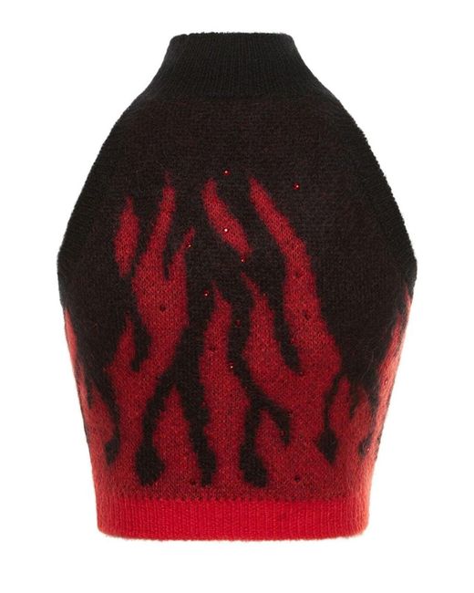 Alessandra Rich Red Flames Jacquard Knit Crop Top