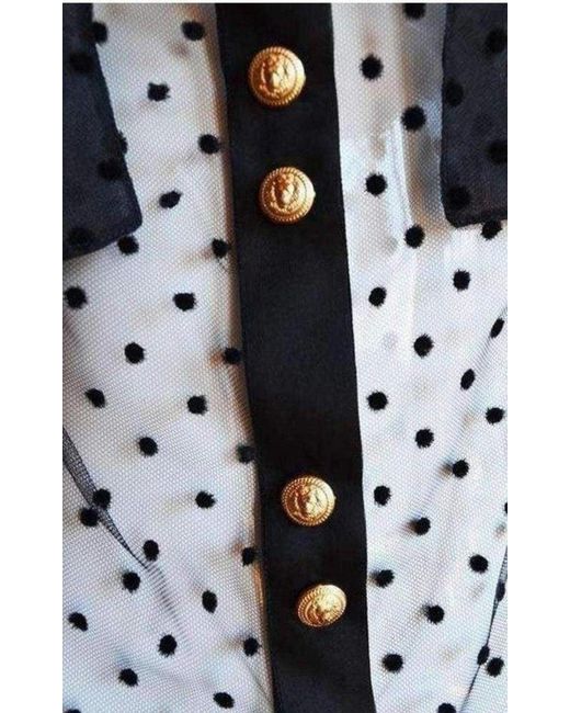 Balmain Long Sleeve Black Polka Dot Silk Shirt With Gold Buttons
