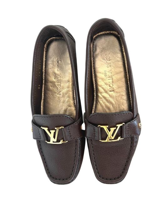 Louis Vuitton Brown Leather Lv Logo Loafers | Lyst