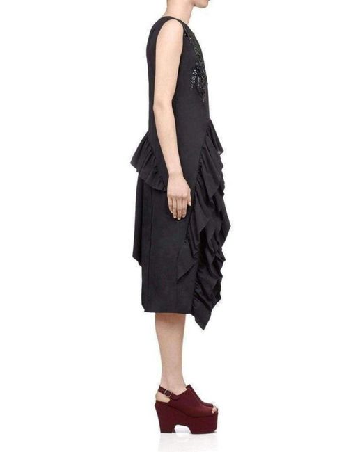 Dries Van Noten Black Sequinned Asymmetric Ruffle Cotton Dress Fr 38 (us 8)