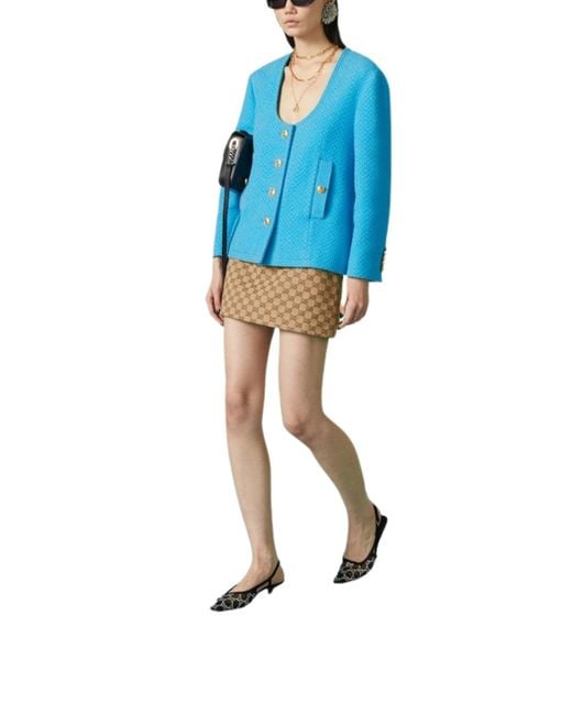 Gucci Blue Turquoise Cotton Tweed Jacket