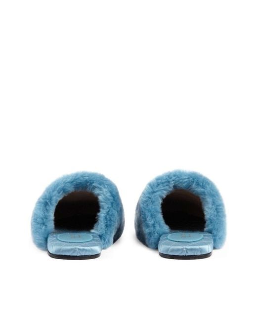 Gucci Interlocking G Faux Fur Slippers In Blue