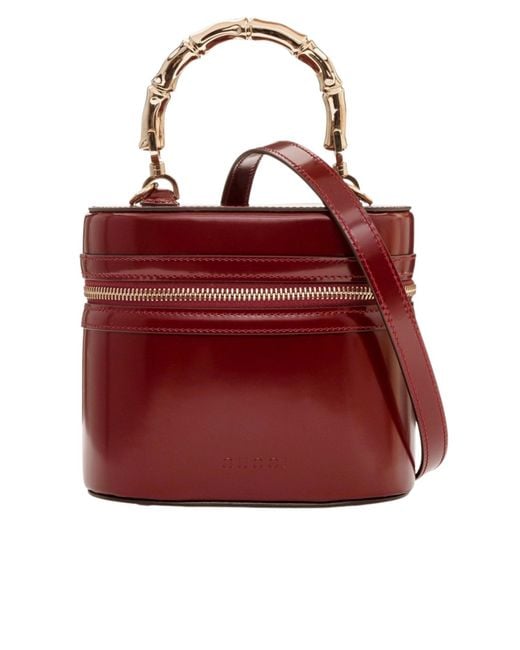 Gucci Red Burgundy Bamboo Handle Leather Bucket Bag
