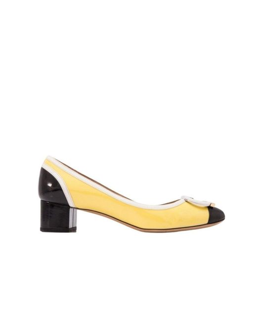 Ferragamo Metallic Patent Leather Gwen Block Heel Pumps