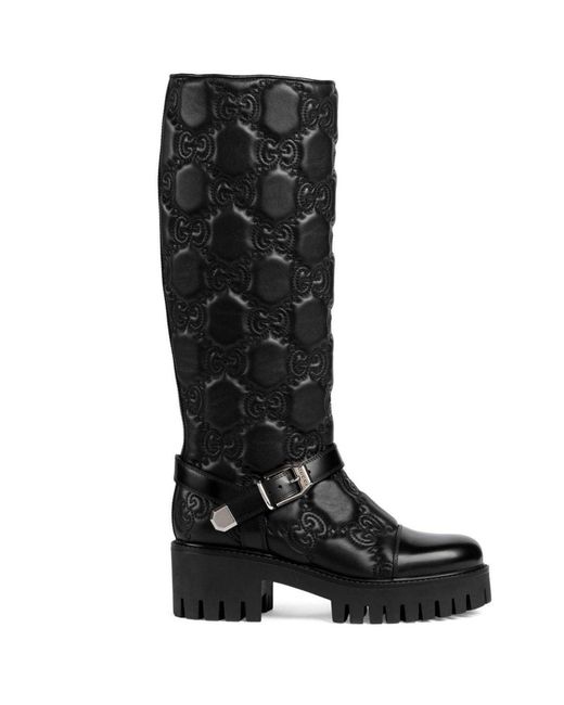 Gucci Black GG Matelassé Lug Sole Boots