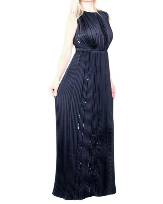 Nina Ricci Blue Black Pleated Sequin Embellished Maxi Silk Gown