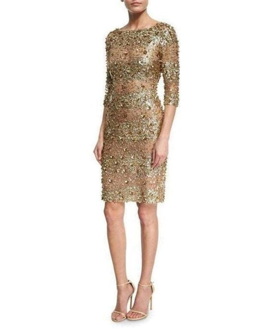 Naeem Khan Metallic Beaded Gold Fitted Cocktail Dress