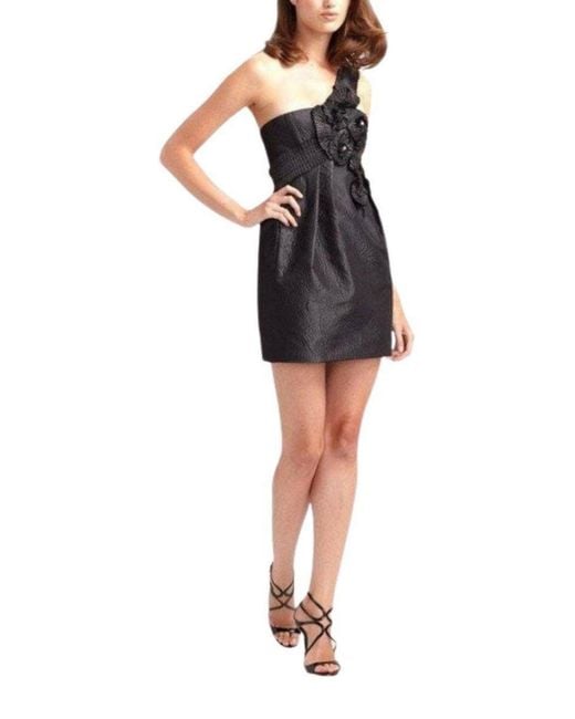 BCBGMAXAZRIA Black One Shoulder Gunmetal Jacquard Rosette Dress