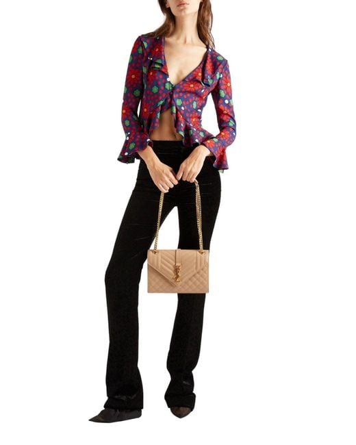 Saint Laurent Blue Ruffled Floral-print Crepe Blouse
