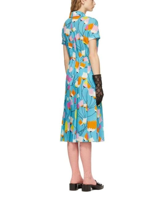 Gucci Blue Tulip Print Pleated Dress