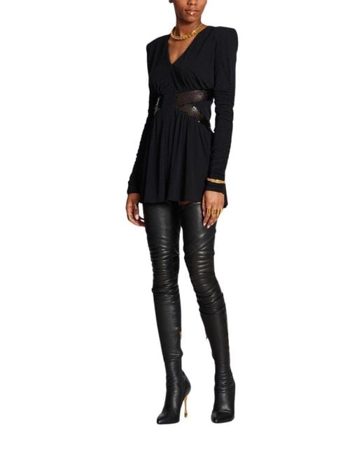 Balmain Black Sequin-embellished V-neck Mini Dress