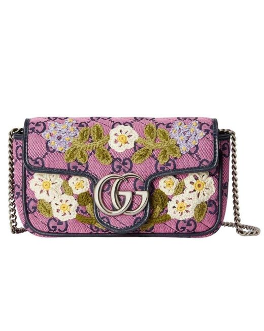 Gucci Purple GG Marmont Pink Embroidery Super Mini Bag