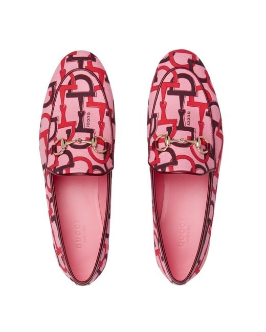 Gucci Red Jordaan Pink Horsebit Canvas Loafer