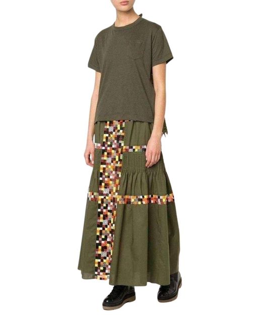 Sacai Green Military Embroidered Long Skirt