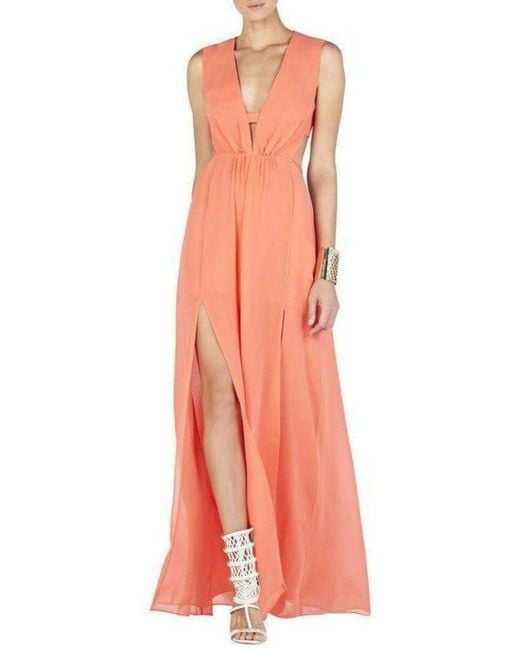 BCBGMAXAZRIA Orange Plunging V-neck Cutout Gown