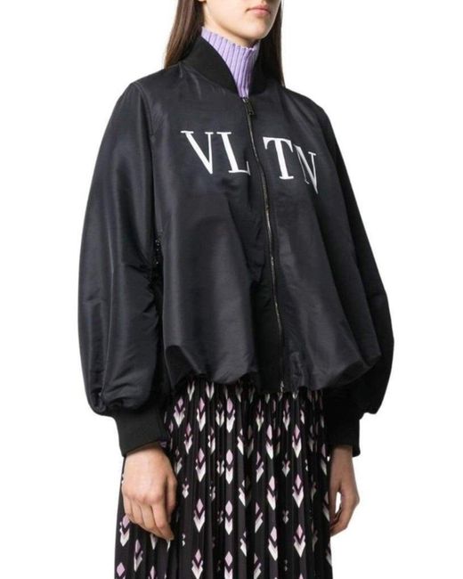 Valentino Black Ruched Printed Shell Bomber Jacket