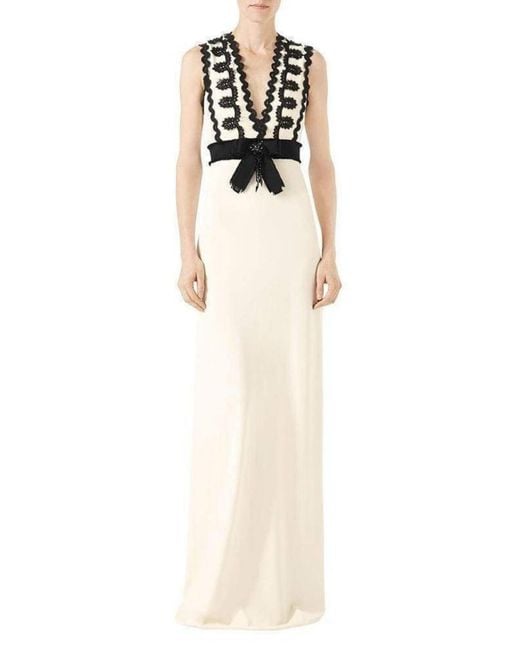 Gucci White Sleeveless Jersey V-neck Gown With Lace Trim Xs