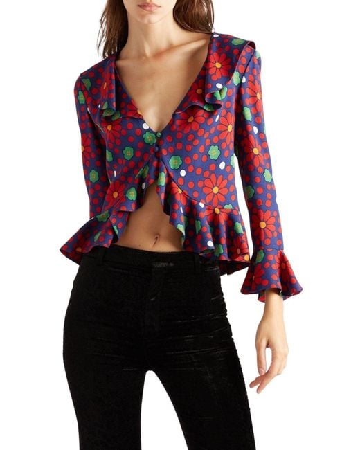 Saint Laurent Blue Ruffled Floral-print Crepe Blouse
