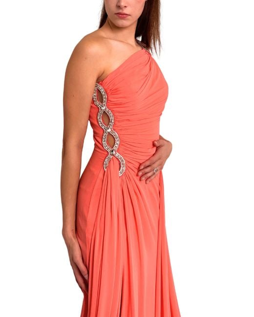 Cult Moda Red One Shoulder Beaded Gown In Coral