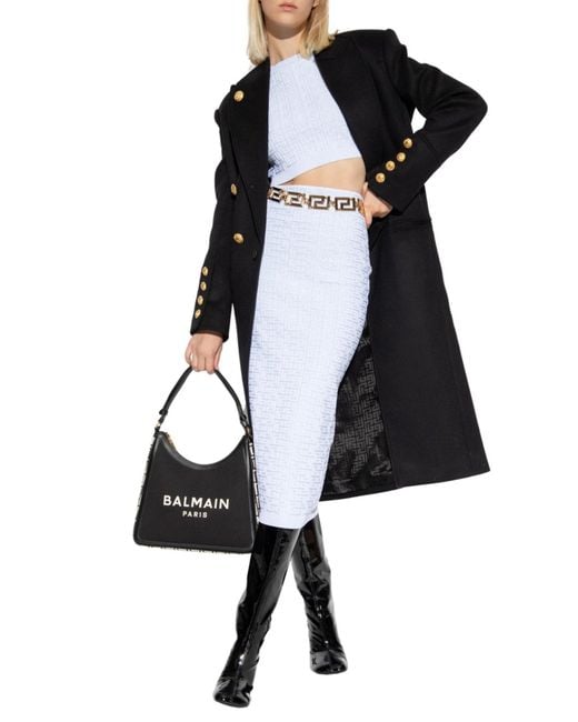 Balmain Blue Embossed Monogram Midi Skirt