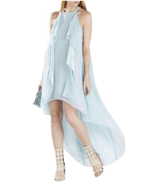 BCBGMAXAZRIA Blue Kelsia Aqua Mist Cascade Ruffle Halter Dress