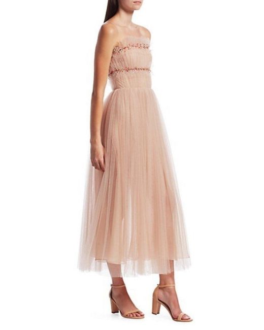 Jason Wu Natural Strapless Ruched Tulle Midi Cocktail Dress