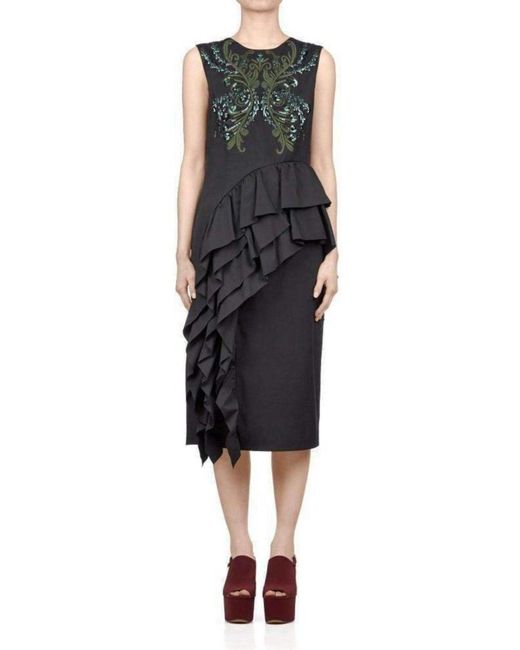 Dries Van Noten Black Sequinned Asymmetric Ruffle Cotton Dress Fr 38 (us 8)